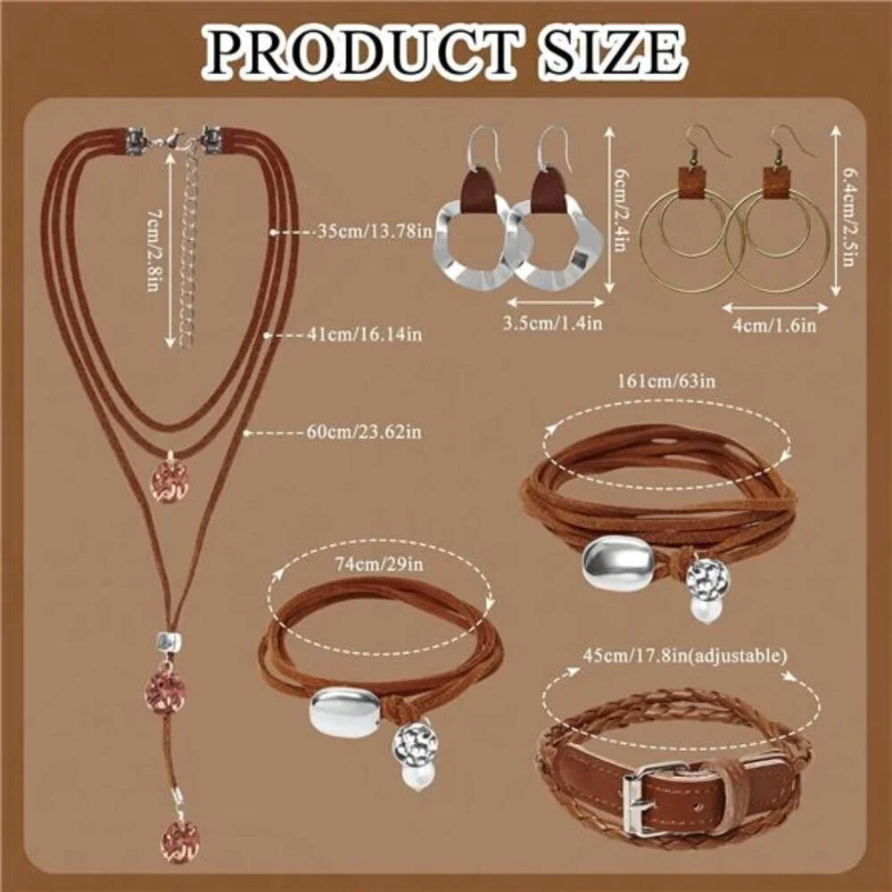 Western-Inspired 6 Pc Jewelry Set–Brown Suede Like Bohemian Cowgirl Chic